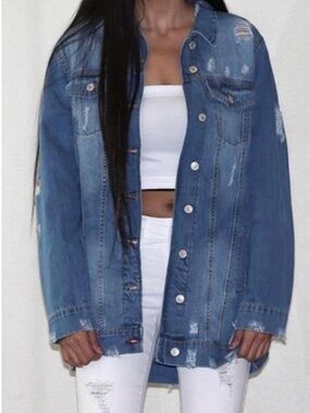 Denim Jacket - Blue Distressed Oversized